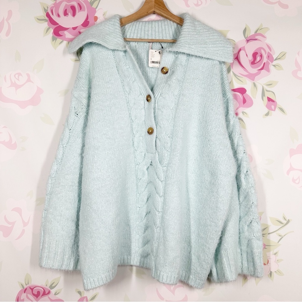 NEW Free People Lemon Tonic Salt Air Light Blue  Chunky Knit Pullover Sweater M